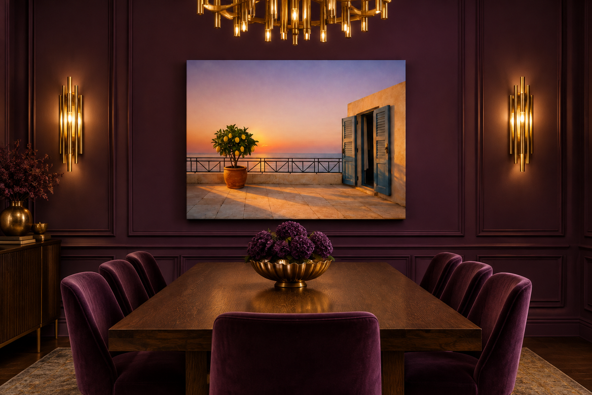 Lemon tree terrace canvas in an aubergine and gold dining room - Portugal Canvas Co