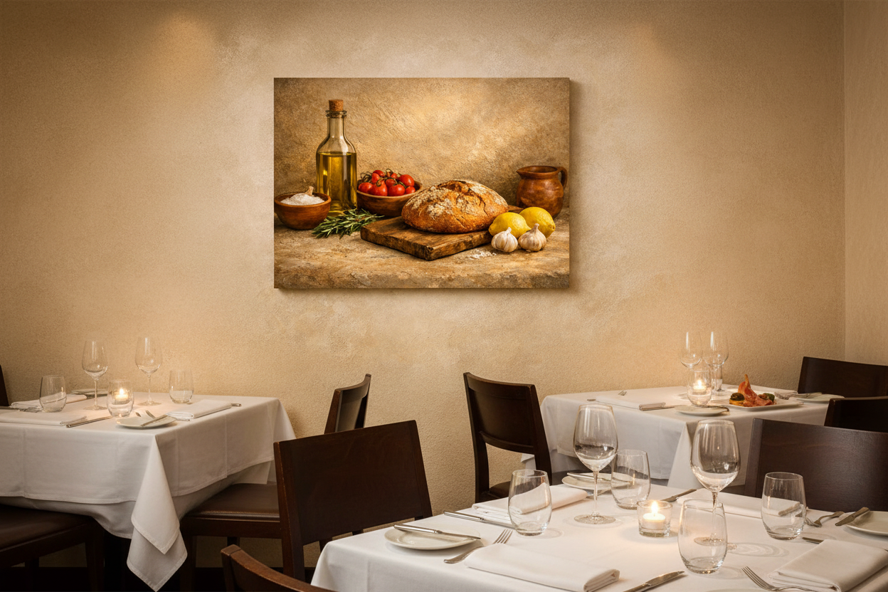 Rustic Mediterranean kitchen wall art canvas displayed in an upscale restaurant dining room - Portugal Canvas Co
