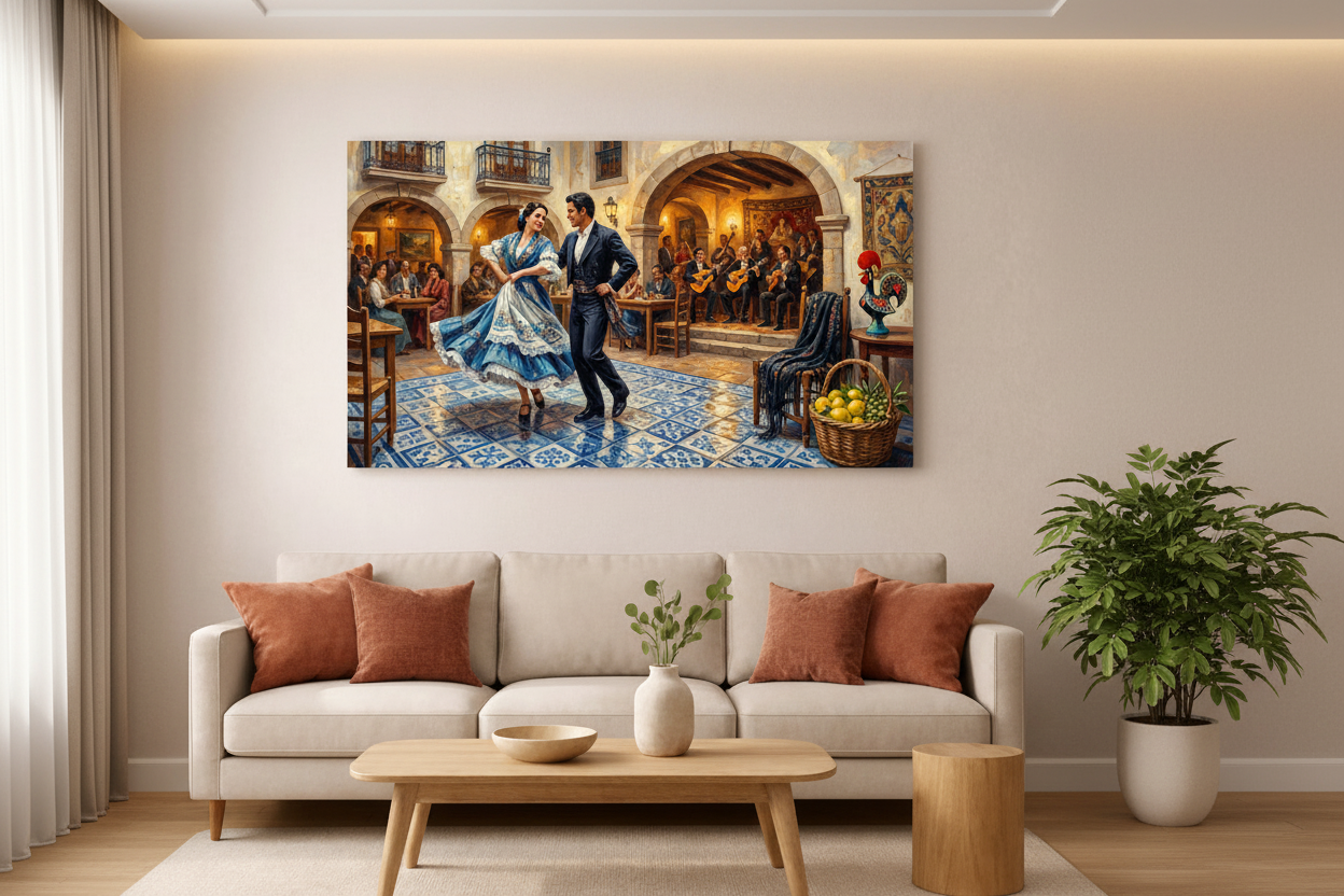 Traditional Iberian fado dance painting canvas wall art displayed as a statement piece in a modern living room - Portugal Canvas Co
