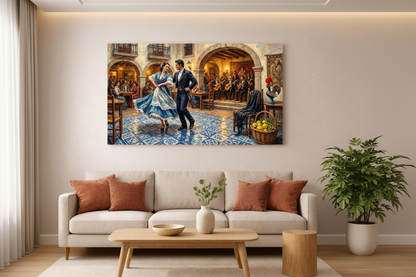 Traditional Iberian fado dance painting canvas wall art displayed as a statement piece in a modern living room - Portugal Canvas Co