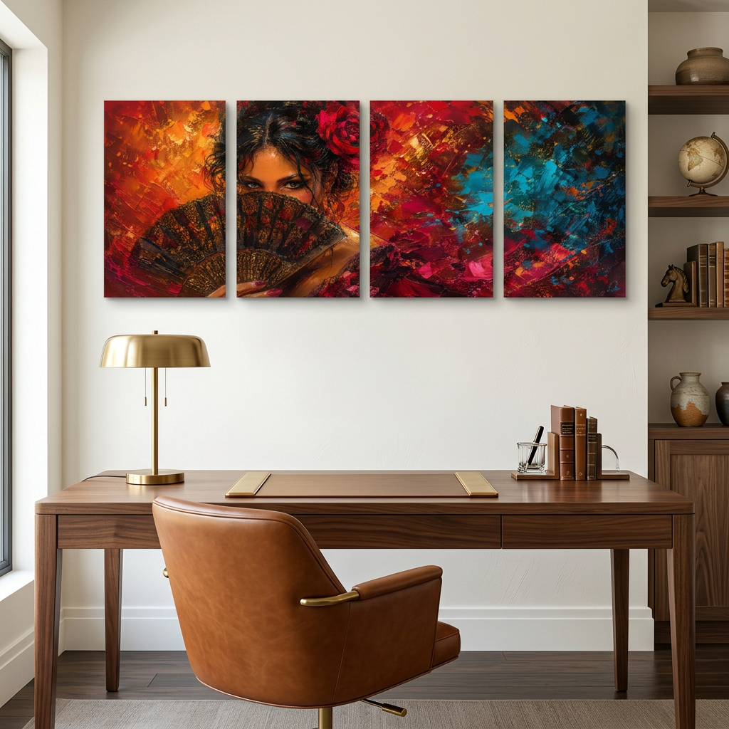 Four-panel woman with fan canvas wall art displayed in a home office - Portugal Canvas Co