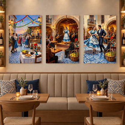 Three-piece Portuguese celebration canvas art above restaurant dining banquette - Portugal Canvas Co