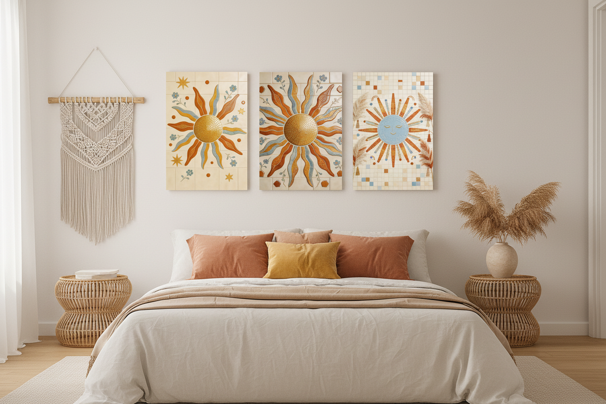 Boho mosaic sun triptych canvas wall art set displayed in a bright airy boho bedroom interior - Portugal Canvas Co