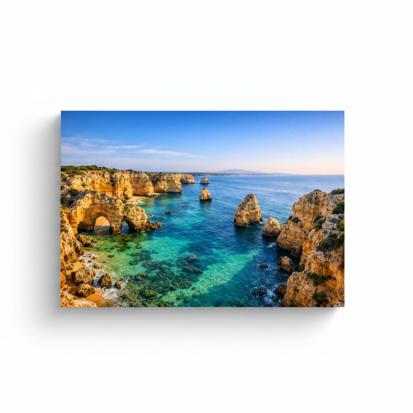 Praia da Marinha Algarve aerial view of golden limestone sea stacks and natural stone arches with vivid turquoise water canvas wall art on white background - Portugal Canvas Co