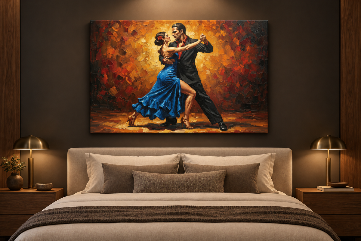 Blue dress tango couple canvas displayed in a dramatic modern bedroom - Portugal Canvas Co
