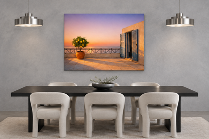 Lemon tree sunset terrace canvas in a silver-grey dining room with ivory chairs - Portugal Canvas Co