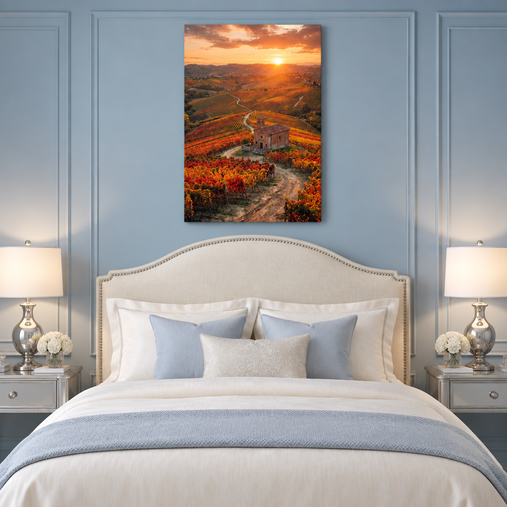 Portrait vineyard sunset canvas above an ivory bed in a powder blue bedroom - Portugal Canvas Co