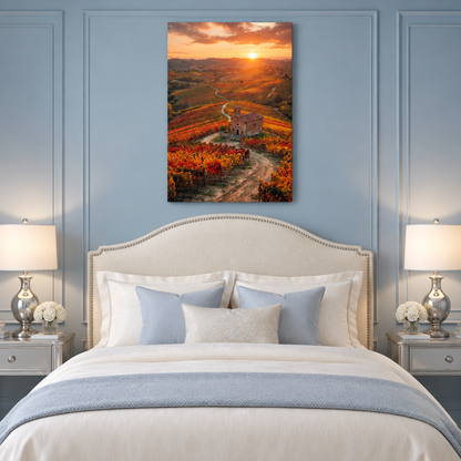 Portrait vineyard sunset canvas above an ivory bed in a powder blue bedroom - Portugal Canvas Co