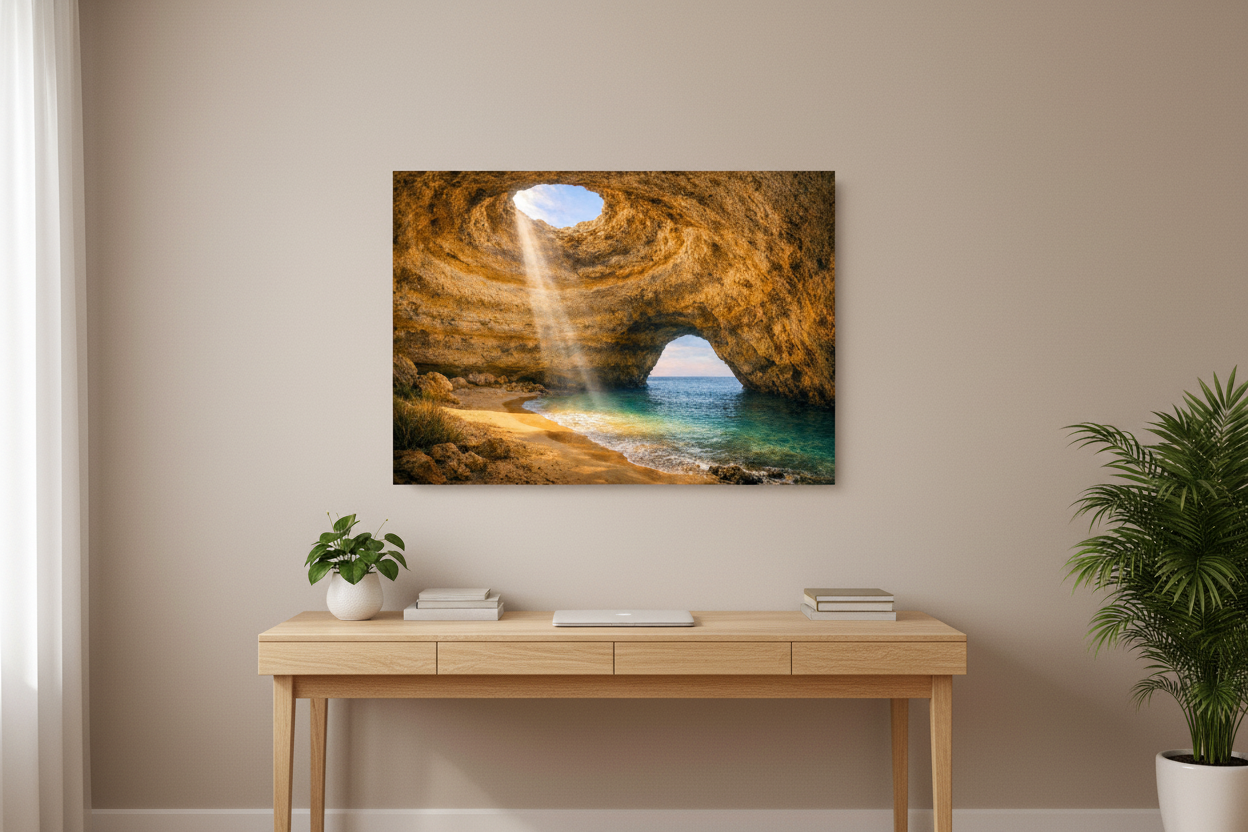 Benagil Cave interior sunlight beam Algarve coastal canvas wall art displayed above a wooden desk in a warm minimalist home study - Portugal Canvas Co