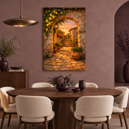 Mediterranean sunset lemon courtyard canvas in a dusty mauve dining room - Portugal Canvas Co