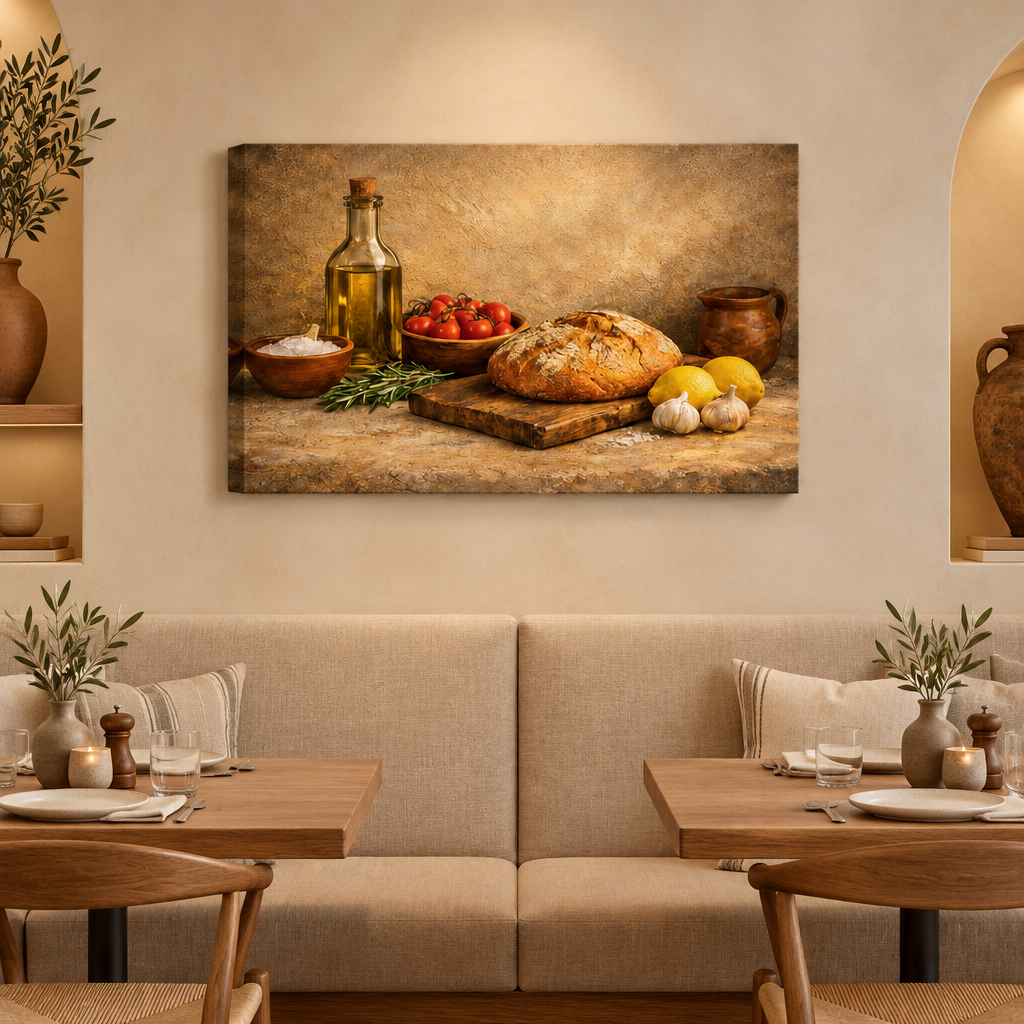 Mediterranean bread, olive oil and lemon still-life canvas in a cream and oak restaurant dining room - Portugal Canvas Co