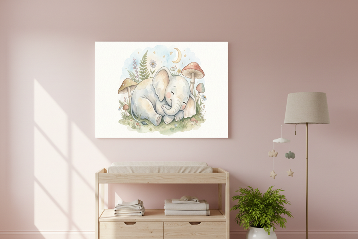 Sleeping baby elephant nursery canvas wall art on a pastel pink nursery wall above a changing table - Portugal Canvas Co