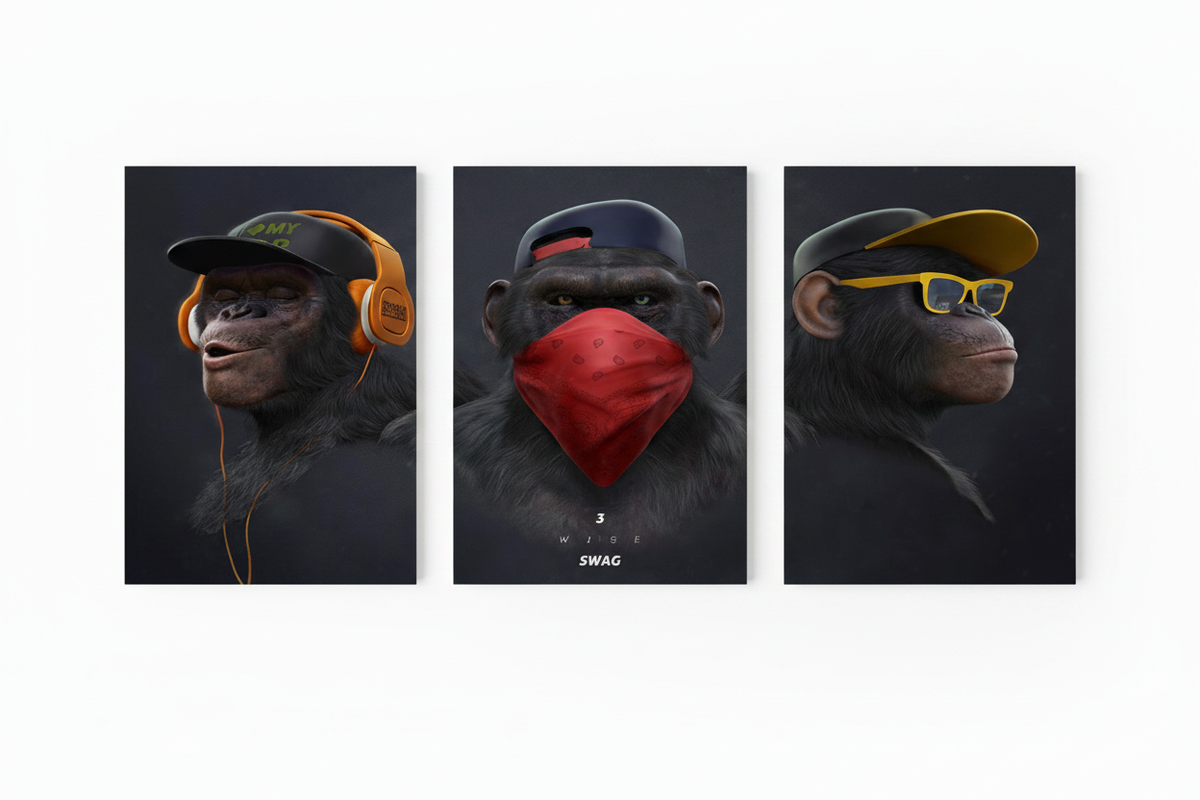3 Wise Swag monkey triptych three canvas prints flat lay overhead view on pure white background - Portugal Canvas Co