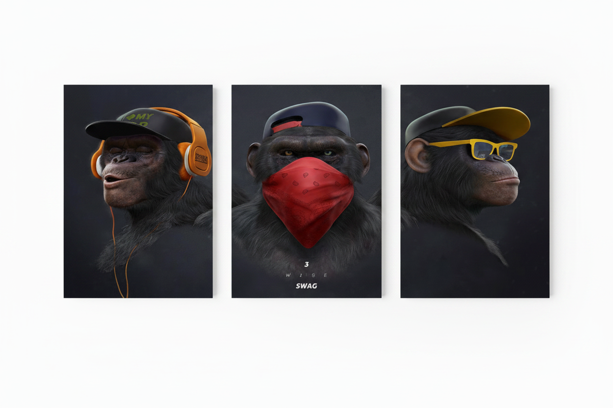 3 Wise Swag monkey triptych three canvas prints flat lay overhead view on pure white background - Portugal Canvas Co