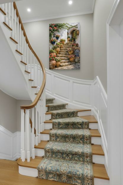 Mediterranean staircase canvas wall art hung on the wall of an elegant hallway staircase with oak banister - Portugal Canvas Co
