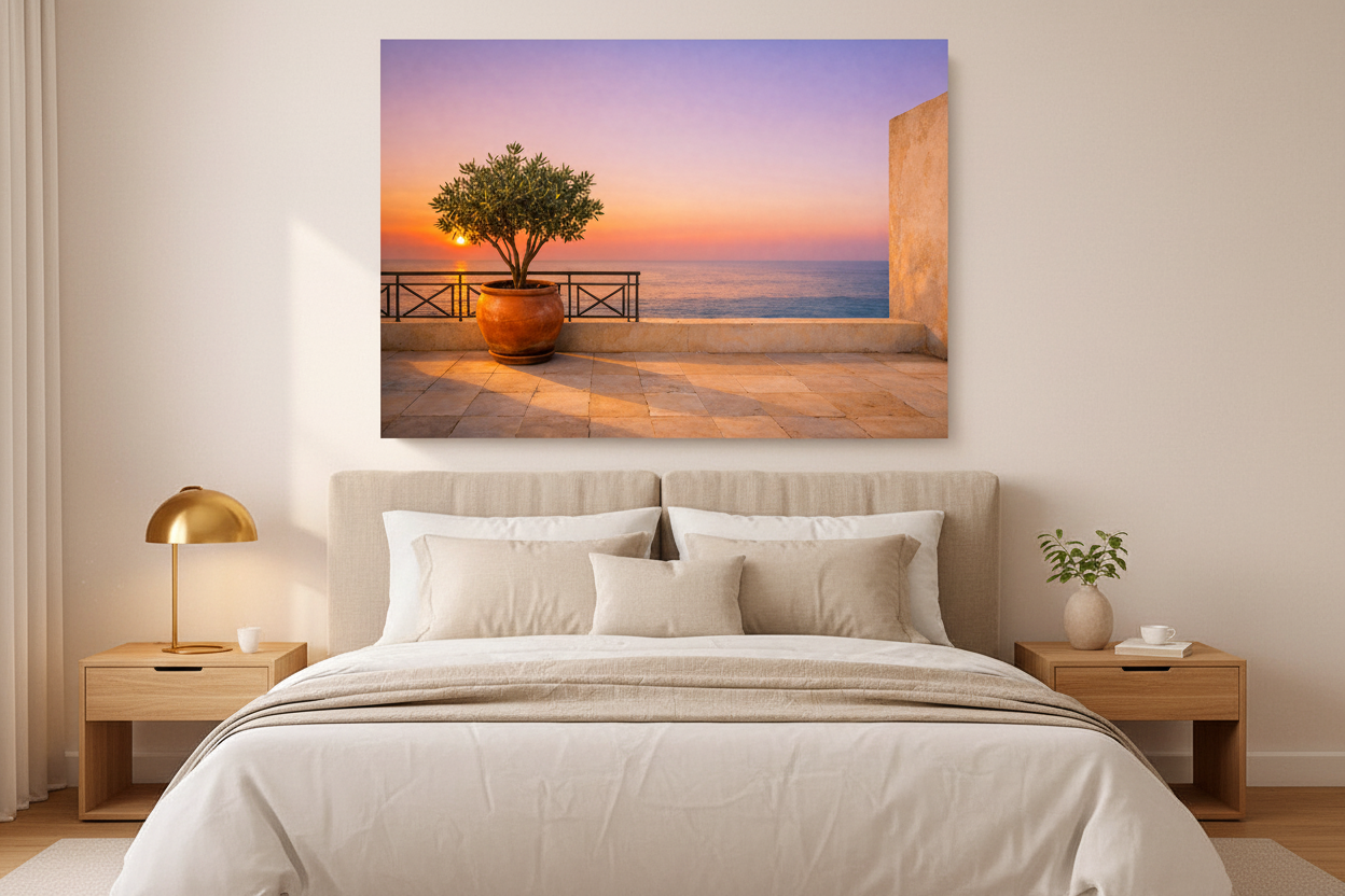 Mediterranean terrace at sunset coastal canvas wall art displayed above a bed in a bright airy bedroom - Portugal Canvas Co