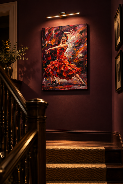 Flamenco dancer in a red ruffled dress canvas wall art lit by a picture light on a deep plum staircase landing wall - Portugal Canvas Co