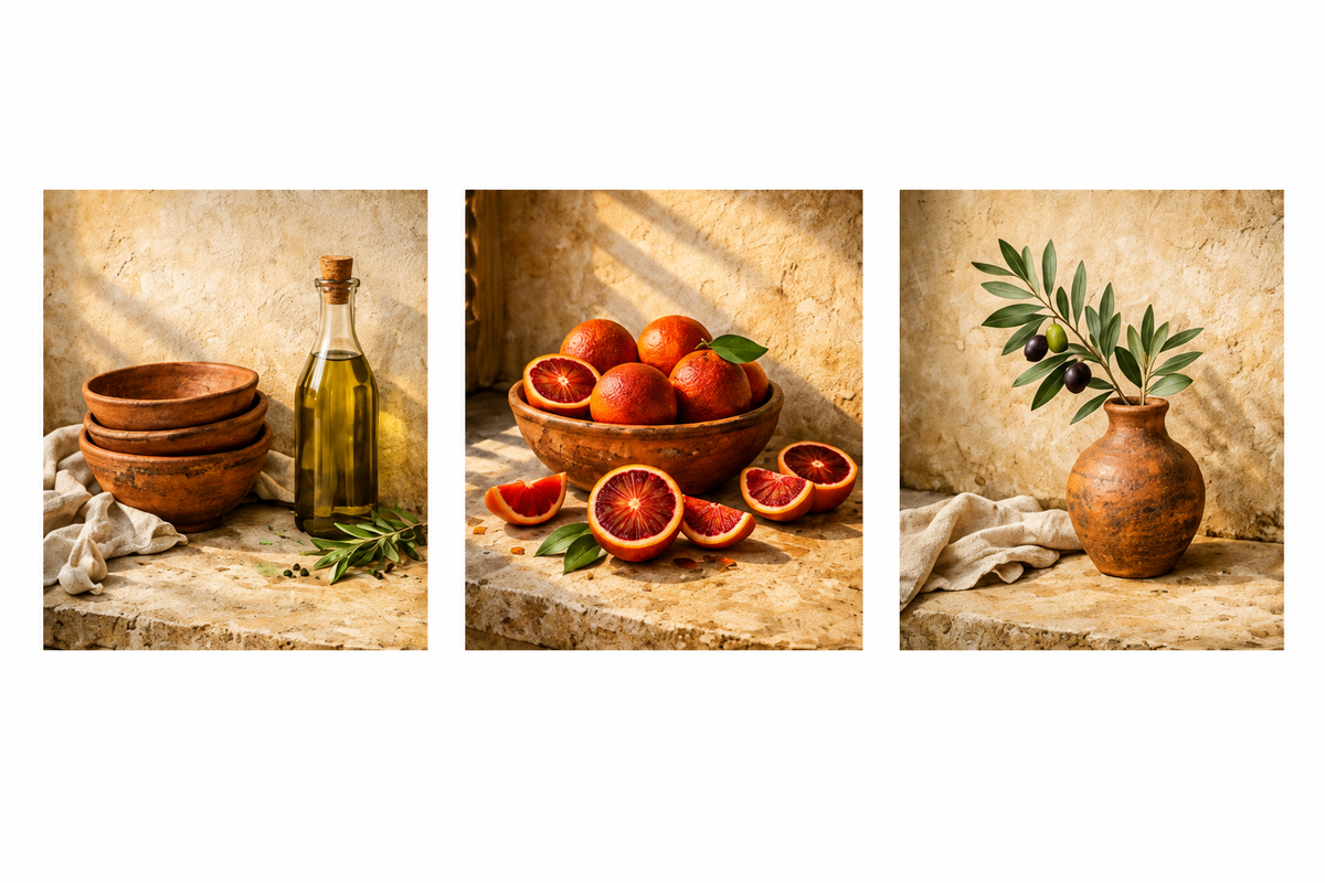 Mediterranean still life three-panel canvas set on a pure white background - Portugal Canvas Co