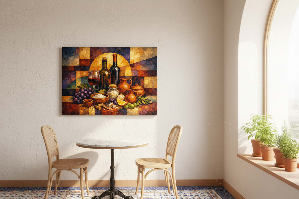 Grapes & Harvest Still Life Canvas displayed in a bright Mediterranean café - Portugal Canvas Co