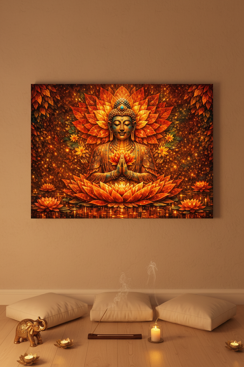 Radiant Buddha meditation golden lotus energy canvas wall art in a minimalist meditation corner with floor cushions and golden candlelight - Portugal Canvas Co
