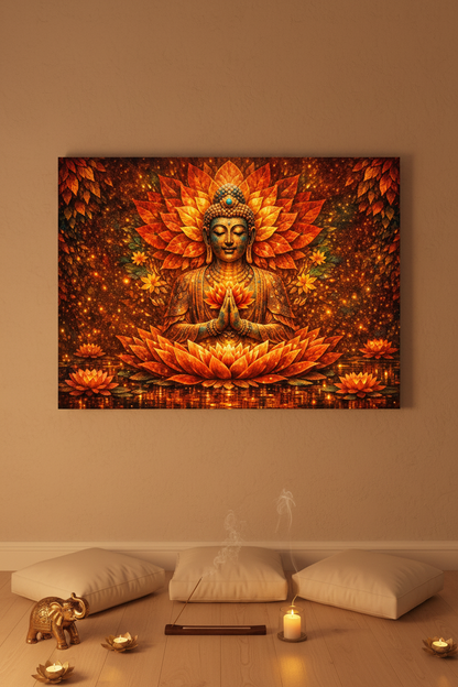 Radiant Buddha meditation golden lotus energy canvas wall art in a minimalist meditation corner with floor cushions and golden candlelight - Portugal Canvas Co