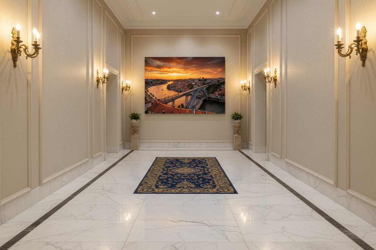 Porto cityscape Dom Luis I bridge sunset canvas wall art displayed in a grand hotel corridor - Portugal Canvas Co
