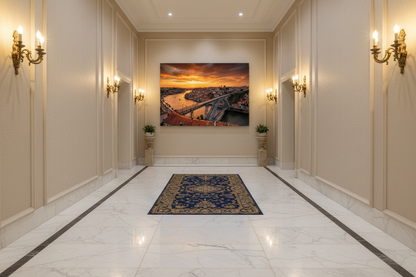 Porto cityscape Dom Luis I bridge sunset canvas wall art displayed in a grand hotel corridor - Portugal Canvas Co