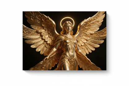 Divine Golden Seraph Wall Art Print luxury black and gold canvas with radiant angelic figure in golden armour floating on white background - Portugal Canvas Co