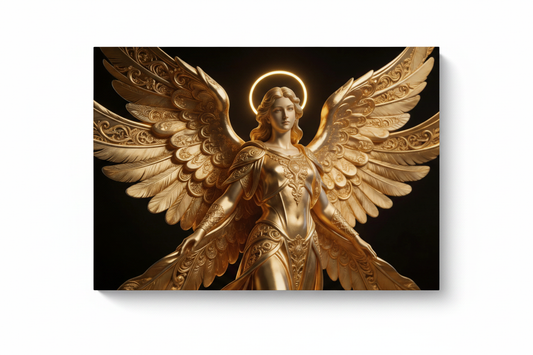 Divine Golden Seraph Wall Art Print luxury black and gold canvas with radiant angelic figure in golden armour floating on white background - Portugal Canvas Co