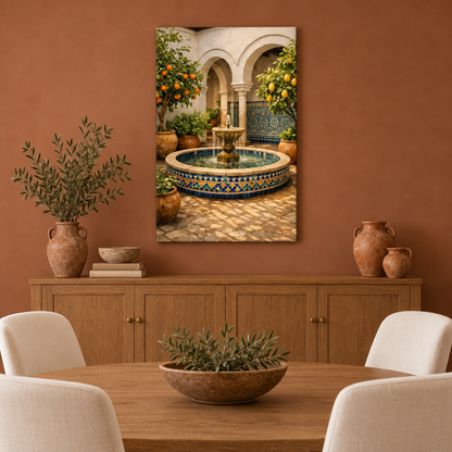 Andalusian courtyard mosaic fountain canvas with orange and lemon trees in a terracotta dining room - Portugal Canvas Co