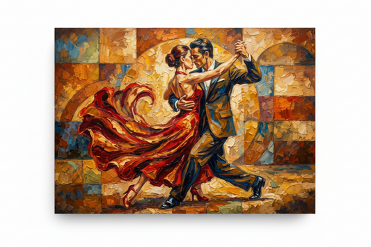 Fiery dance embrace tango couples canvas wall art flat lay on white background top-down view - Portugal Canvas Co