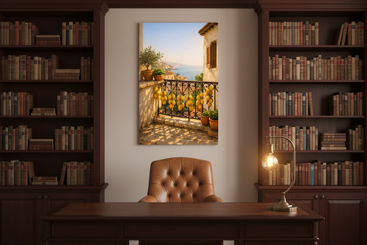Mediterranean balcony with lemons canvas wall art displayed in an elegant home study with dark wood bookshelves and warm lighting - Portugal Canvas Co