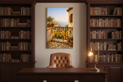 Mediterranean balcony with lemons canvas wall art displayed in an elegant home study with dark wood bookshelves and warm lighting - Portugal Canvas Co