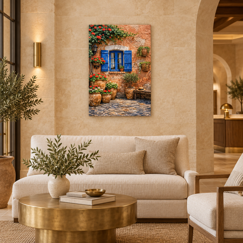 Portrait canvas of a terracotta courtyard with blue shutters and red flowers in a boutique hotel lounge - Portugal Canvas Co