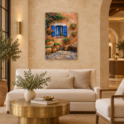 Portrait canvas of a terracotta courtyard with blue shutters and red flowers in a boutique hotel lounge - Portugal Canvas Co