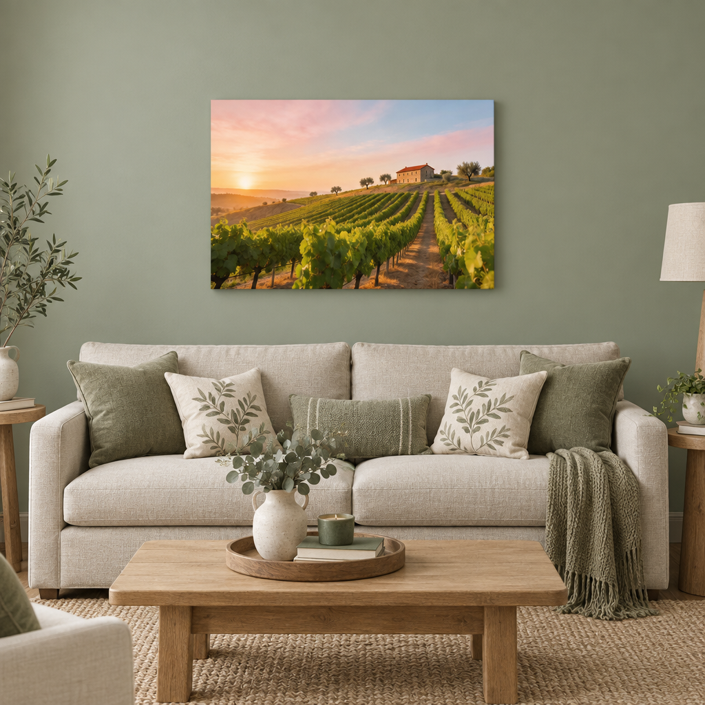 Portugal vineyard at sunset on a gallery-wrapped canvas on a sage green wall in a living room with a cream linen sofa - Portugal Canvas Co
