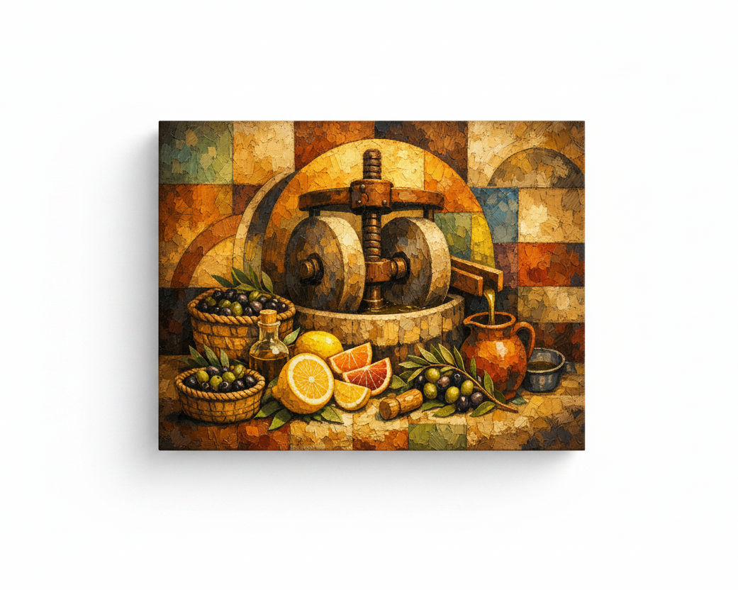 Olive oil press still life rustic Mediterranean canvas wall art on white background - Portugal Canvas Co