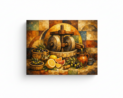 Olive oil press still life rustic Mediterranean canvas wall art on white background - Portugal Canvas Co