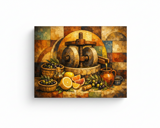 Olive oil press still life rustic Mediterranean canvas wall art on white background - Portugal Canvas Co