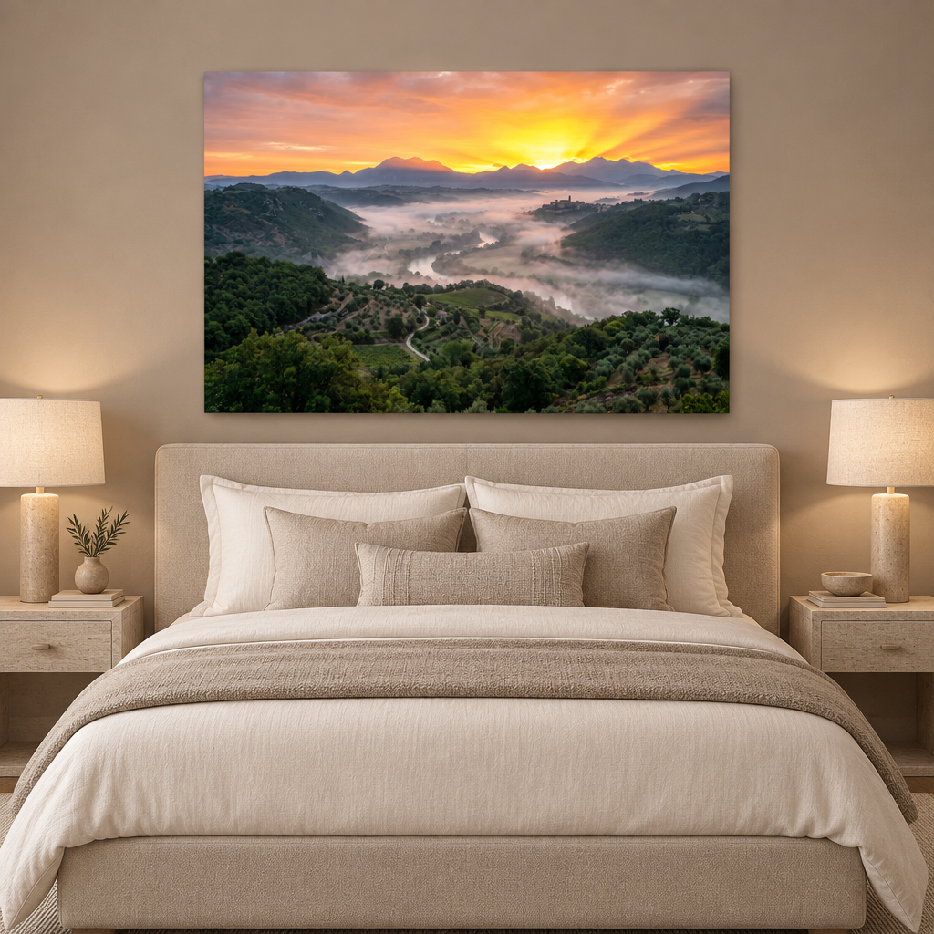 Golden valley sunrise canvas above an oatmeal bed in a neutral taupe bedroom - Portugal Canvas Co