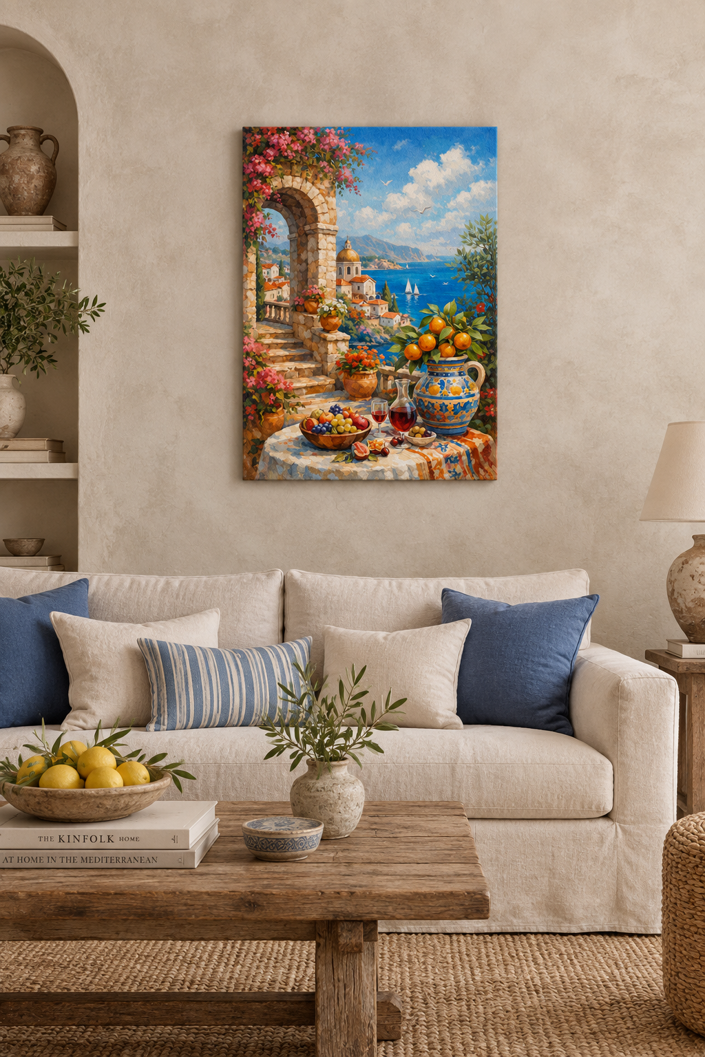 Mediterranean coastal archway canvas with bougainvillea and sea view in a luxury living room - Portugal Canvas Co