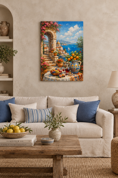 Mediterranean coastal archway canvas with bougainvillea and sea view in a luxury living room - Portugal Canvas Co