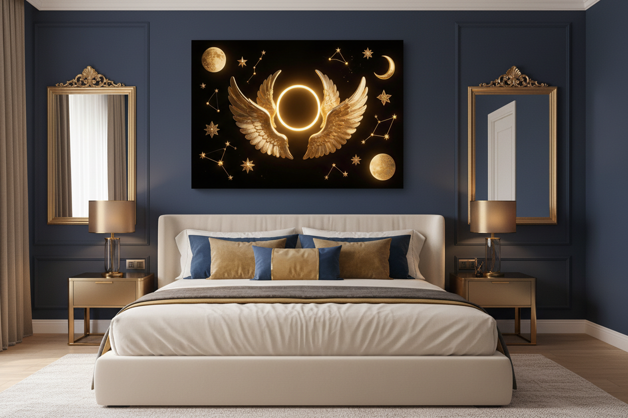 Divine celestial golden angel wings canvas wall art displayed on navy blue wall above cream bed in sophisticated celestial themed bedroom - Portugal Canvas Co