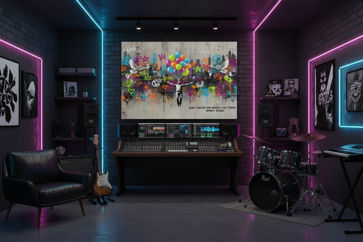 Rise above the noise let your spirit soar Banksy style canvas wall art displayed on the wall of a cool urban music studio with neon accents and street art decor - Portugal Canvas Co