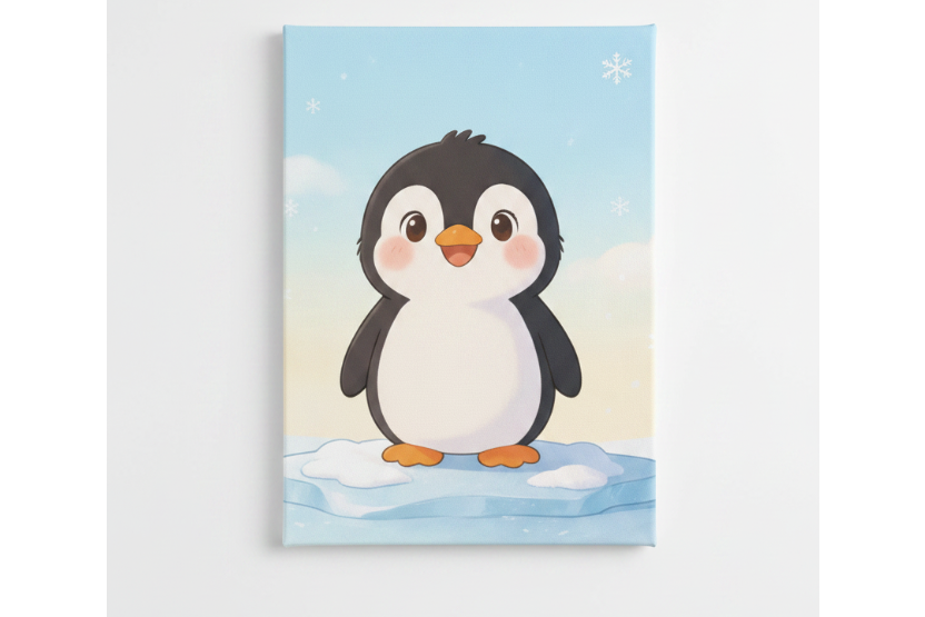 Cute baby penguin nursery canvas wall art flat lay on white background, overhead view - Portugal Canvas Co