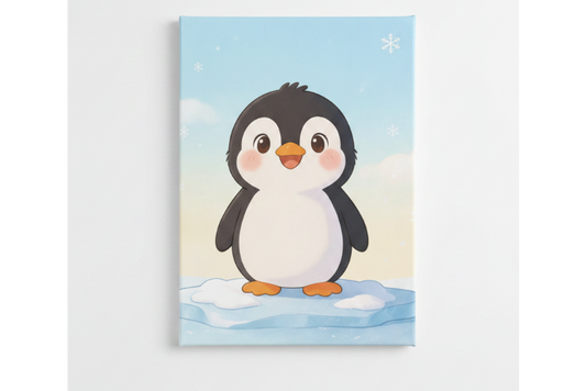 Cute baby penguin nursery canvas wall art flat lay on white background, overhead view - Portugal Canvas Co