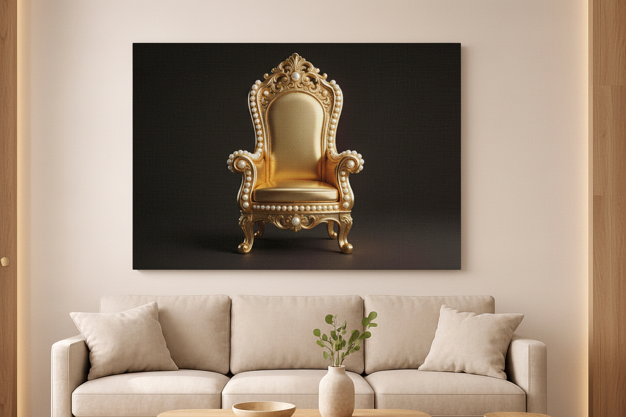Luxury Golden Royal Throne Chair canvas wall art displayed on the wall of a sophisticated modern living room with warm neutral walls and gold accent lighting - Portugal Canvas Co