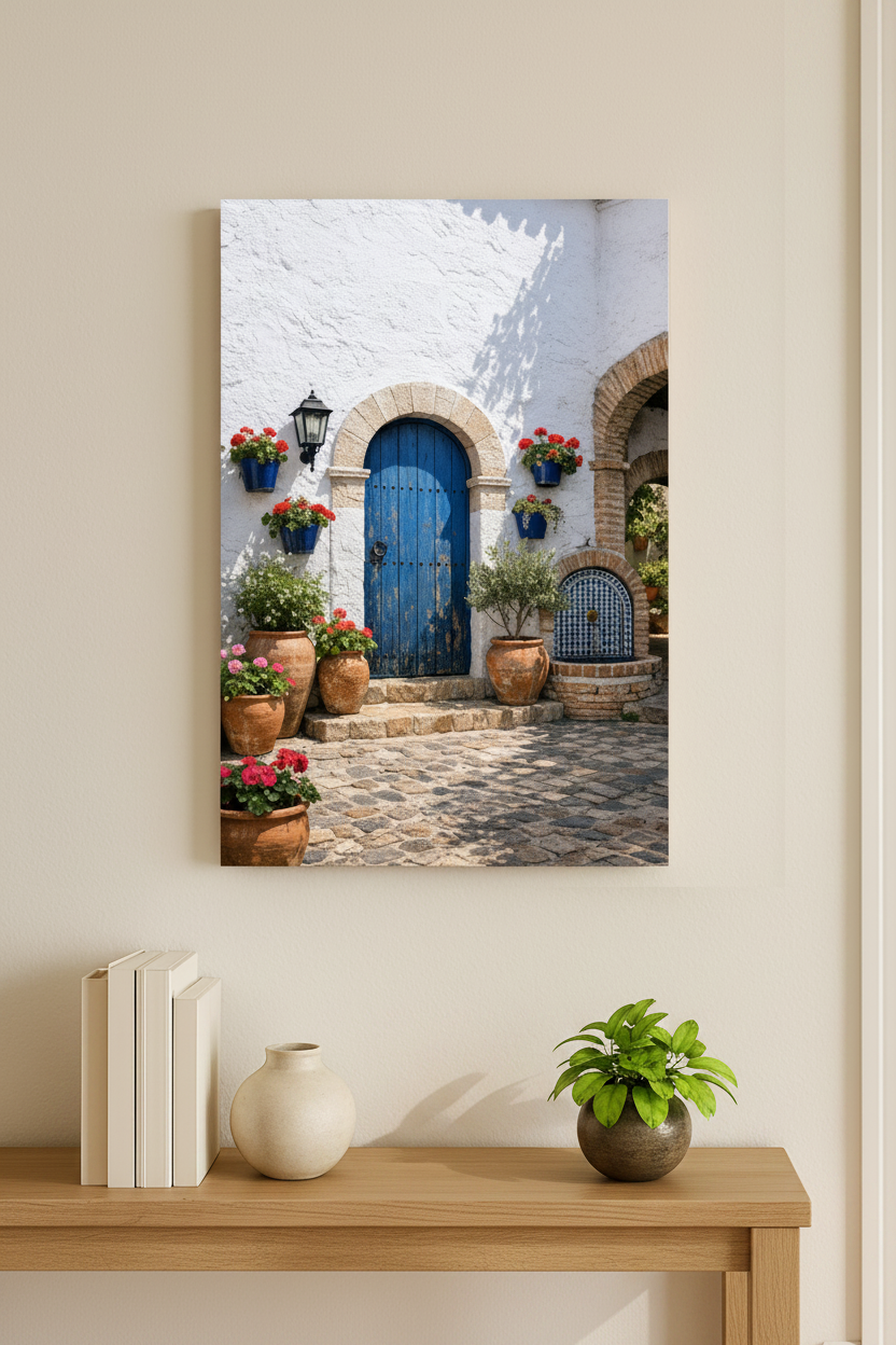 Andalusian courtyard blue door canvas wall art with stone arch and red geraniums hung above a light oak console table in a bright Mediterranean hallway - Portugal Canvas Co