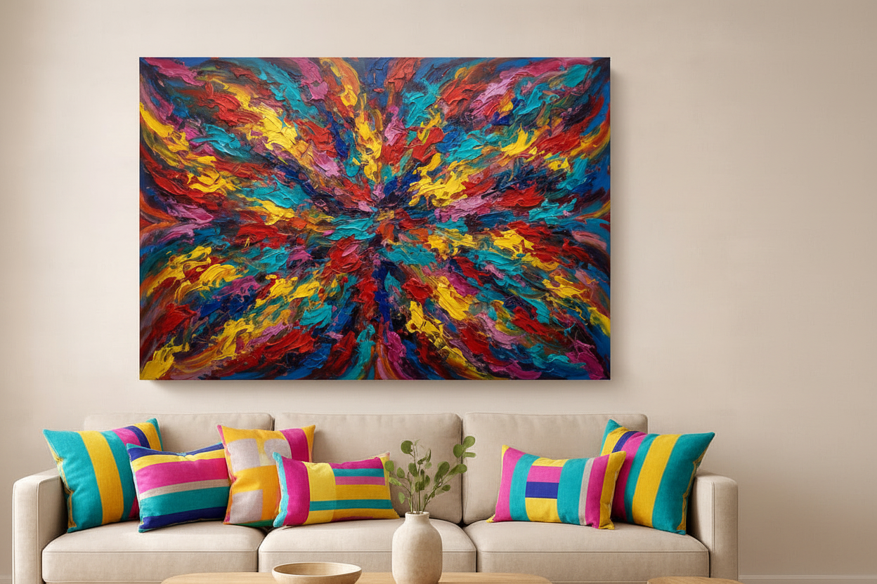 Rainbow energy burst abstract canvas wall art displayed on warm white wall above white curved sofa in bright playful contemporary living room - Portugal Canvas Co