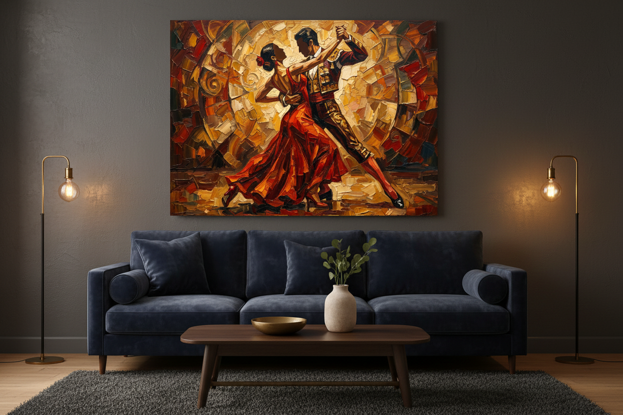 Flamenco tango couples dance canvas wall art on a charcoal grey wall in a dark moody living room with velvet sofa and brass accents - Portugal Canvas Co